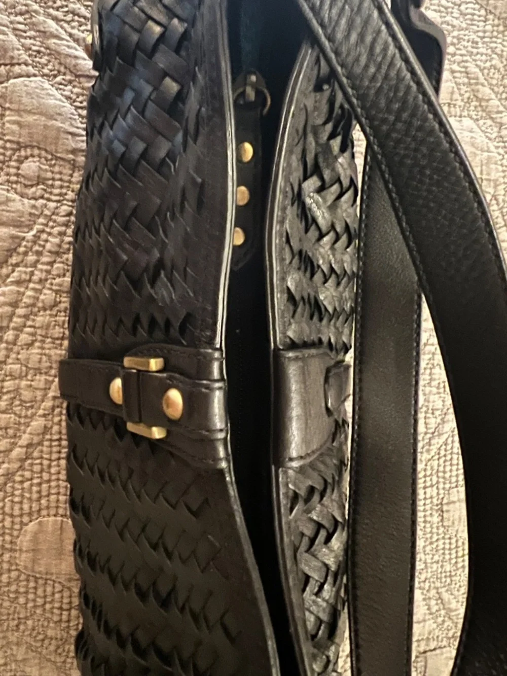 Cole Haan Village Weave Black Pebbled Leather Bag with Antiqued Brassy Trim